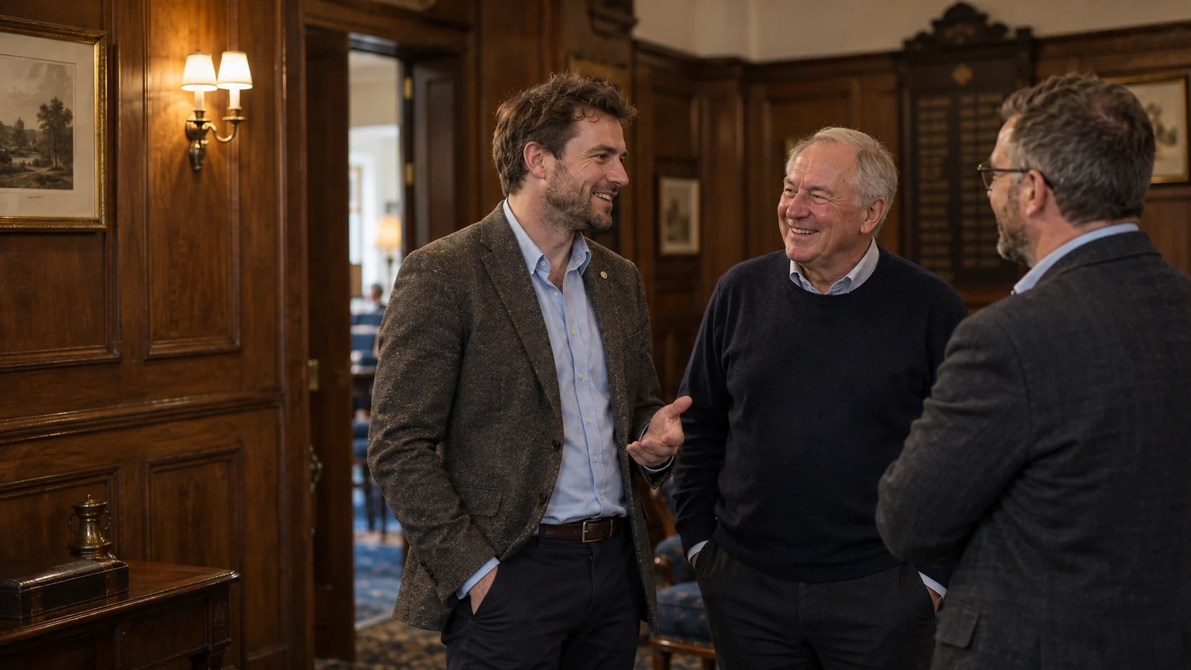 Illustrative scene of three men chatting in a traditional lodge room