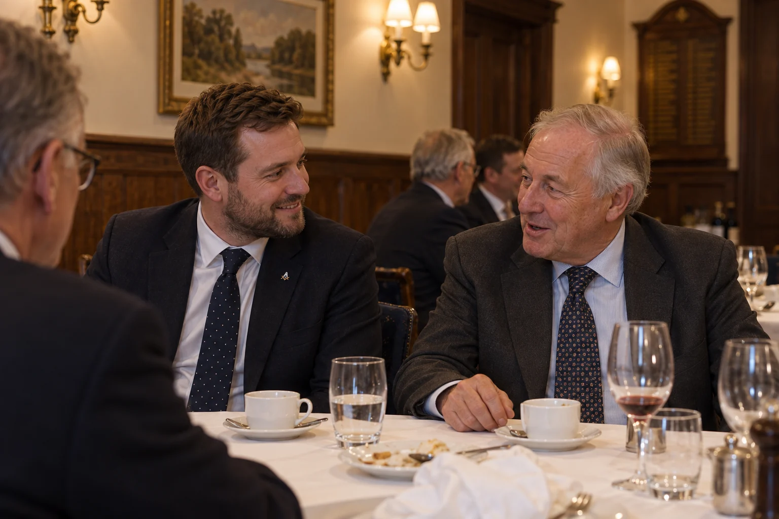Illustrative scene of a relaxed conversation over dinner after a lodge meeting