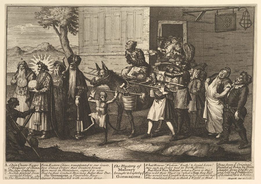 Hogarth's 1724 engraving The Mystery of Masonry Brought to Light by the Gormagons