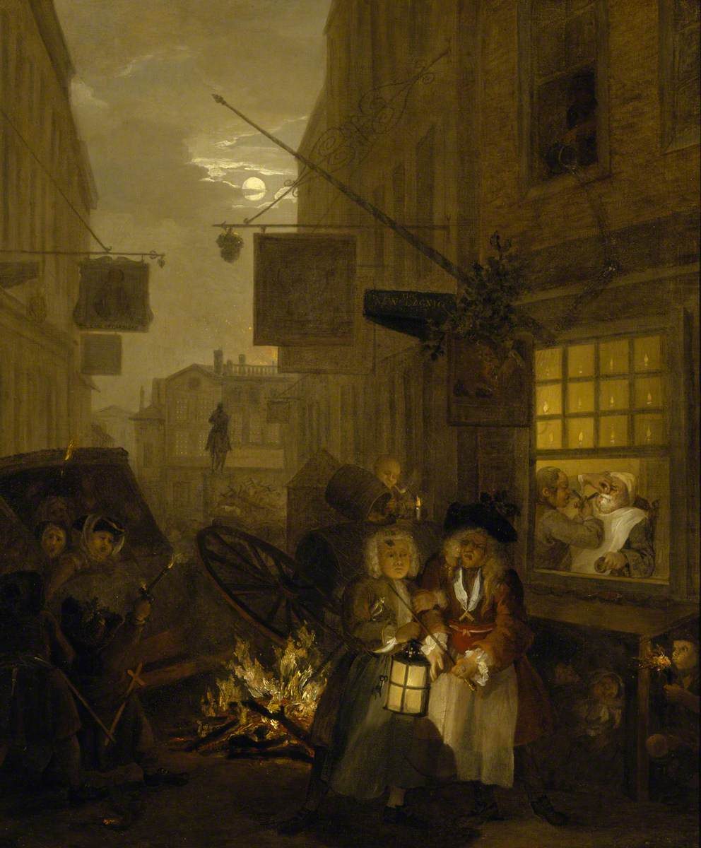 William Hogarth, Night, 1736, showing a drunken Worshipful Master being helped home